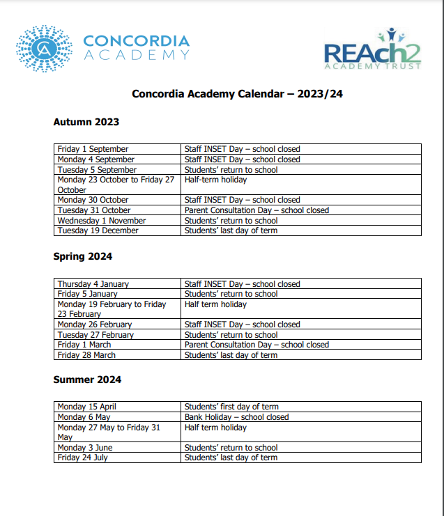 Calendar 2023/24 Concordia Academy