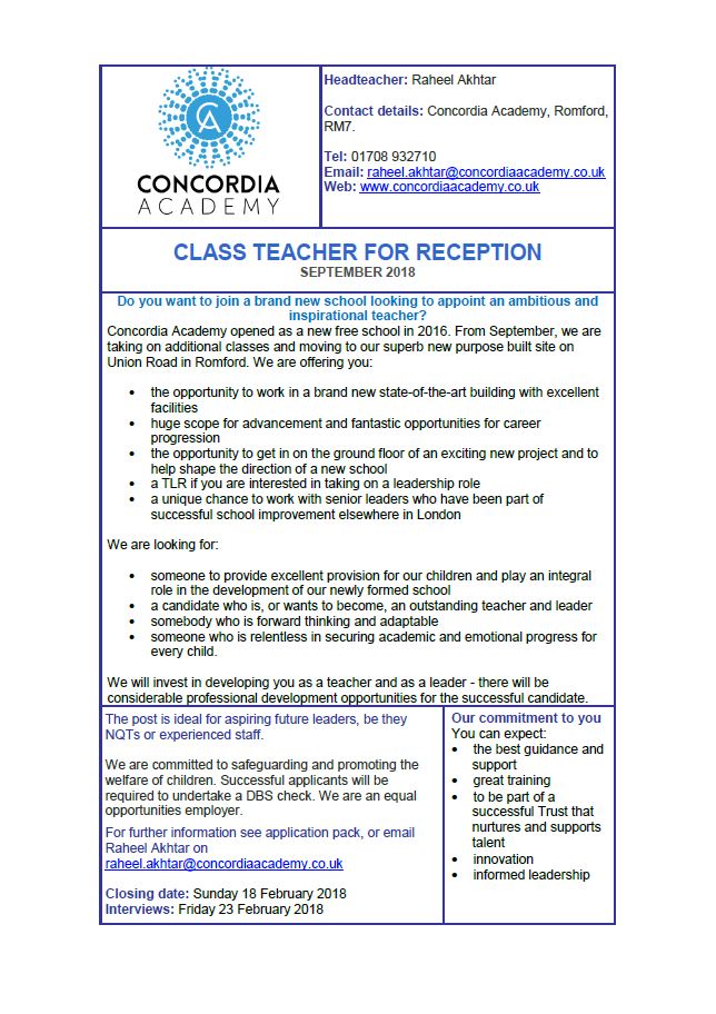 Vacancy – Class Teacher for Reception