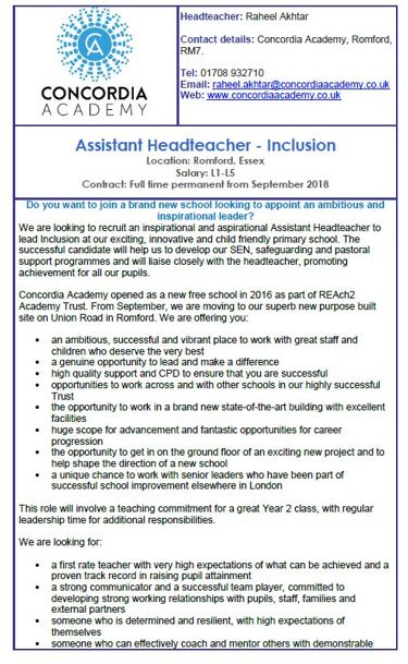 Vacancy – Assistant Headteacher